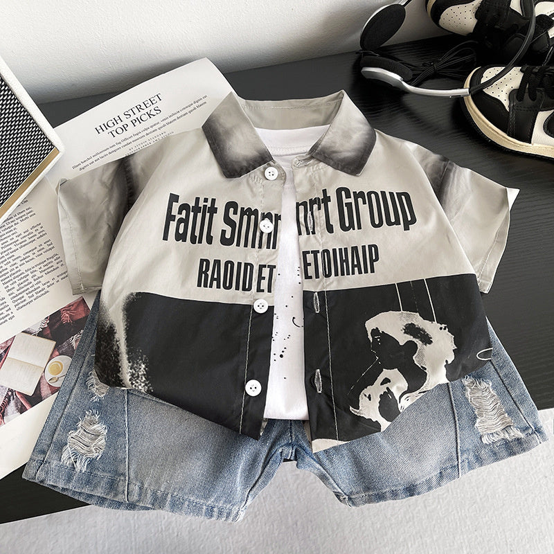 Outfit Children's Summer 2026 New Style Boys' Shadow Print Shirt Three-Piece Set Baby Short-Sleeve Clothes Trendy