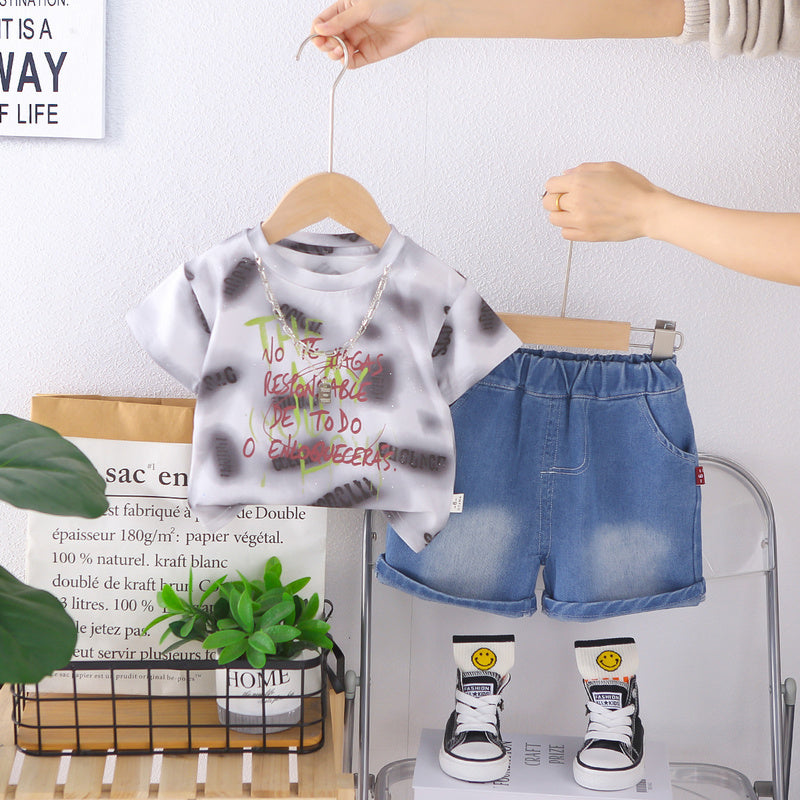 Baby clothes thin children's two-piece set stylish necklace short-sleeve outfit for one-year-old boys summer wear