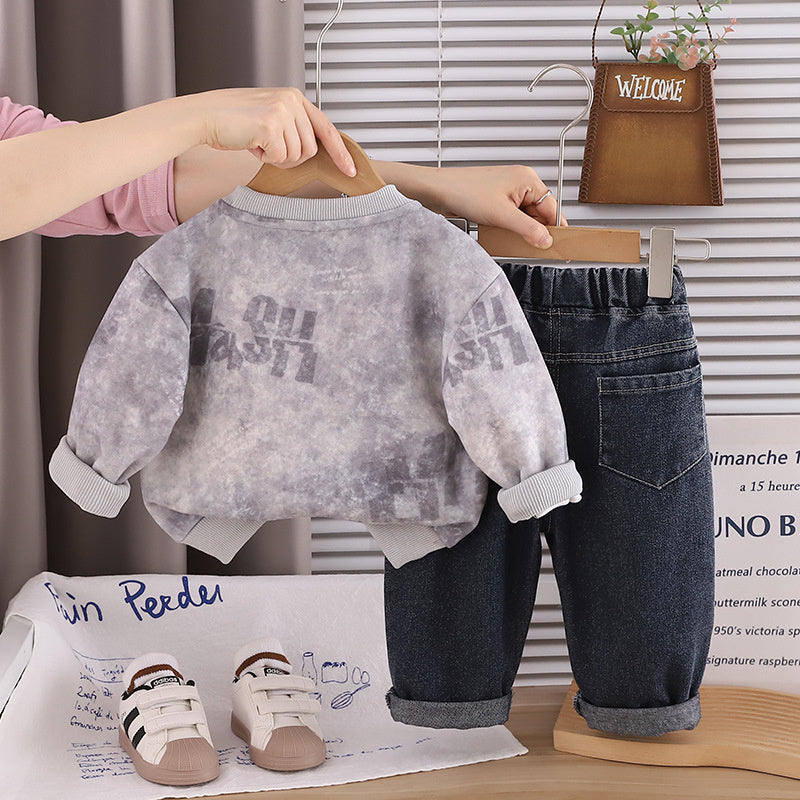 Boys' Spring Autumn Outfit 2026 New Fashionable Children's Hat and Sweatshirt Korean Style Casual Jeans Two-Piece Set Trendy