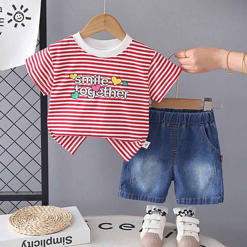 Boys' Short-Sleeve Summer Outfit 2026 New Children's Cartoon Cute Striped Heart Baby Shorts Two-Piece Set Trendy