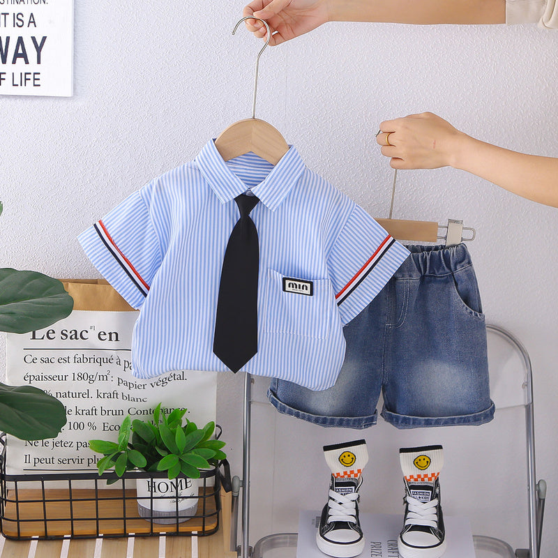 Boys' Outfit 2026 New Style Children's Clothing Summer Fashionable Baby Tie Shirt Short Sleeve Two-Piece Set