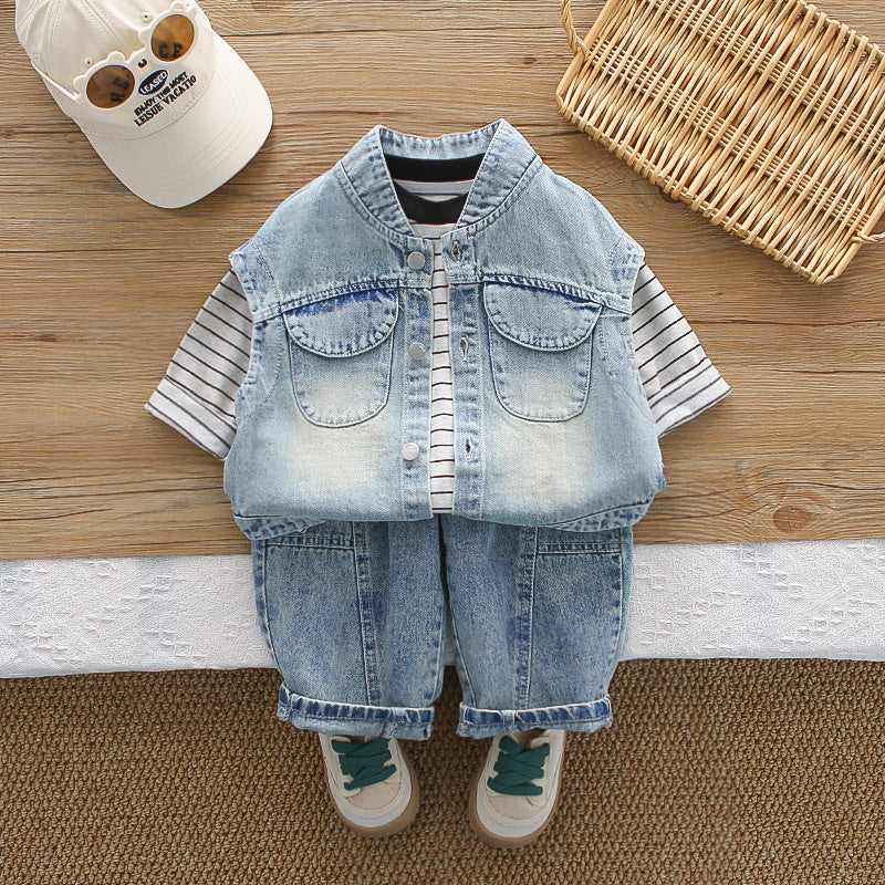Boy's Trendy Stylish Striped Denim Vest Set 2026 New Model Infant Baby Children's Clothing Boys' Spring and Autumn Outfit