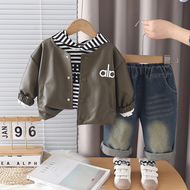 Children's Autumn Leather Jacket Three-Piece Set 2026 Spring New Style Boys and Girls Baby Hooded Sweatshirt Trendy Cool Outfit