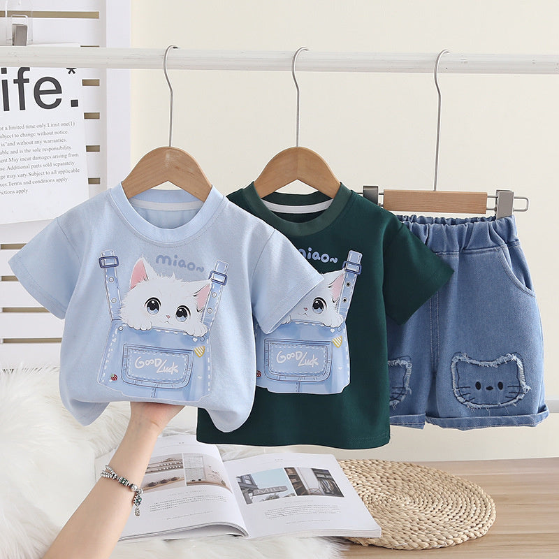 Girls' Summer Short-Sleeve Outfit 2026 New Fashionable Cartoon Cat Round-Neck Two-Piece Set for Children