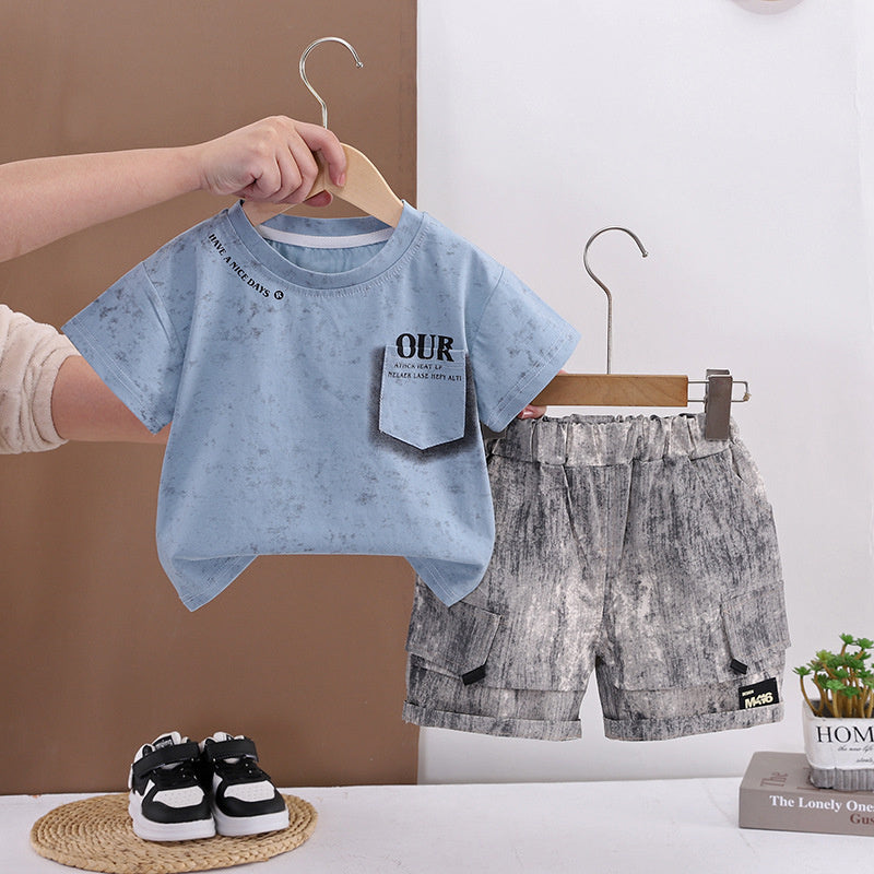Boys' Pocket Short Sleeve Set 2026 New Style Toddler Casual Wear Baby Children's Summer Thin Infant Trendy Clothes