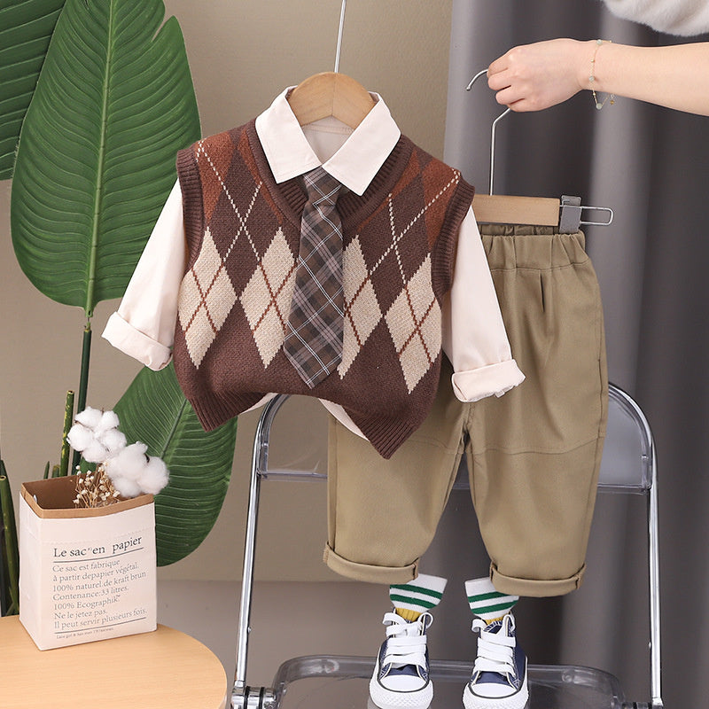 Boys' Suit Spring 2024 New Stylish Baby Long Sleeve Diamond Pattern Tie Sweater Vest Three-Piece Set Toddler Trendy