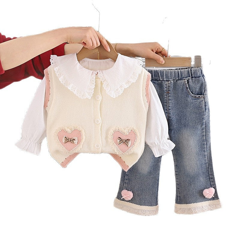 2026 New Fashionable Clothes Girls: Lace Heart Sweater Three-Piece Set, Stylish Outfit for Children, Spring and Autumn Set