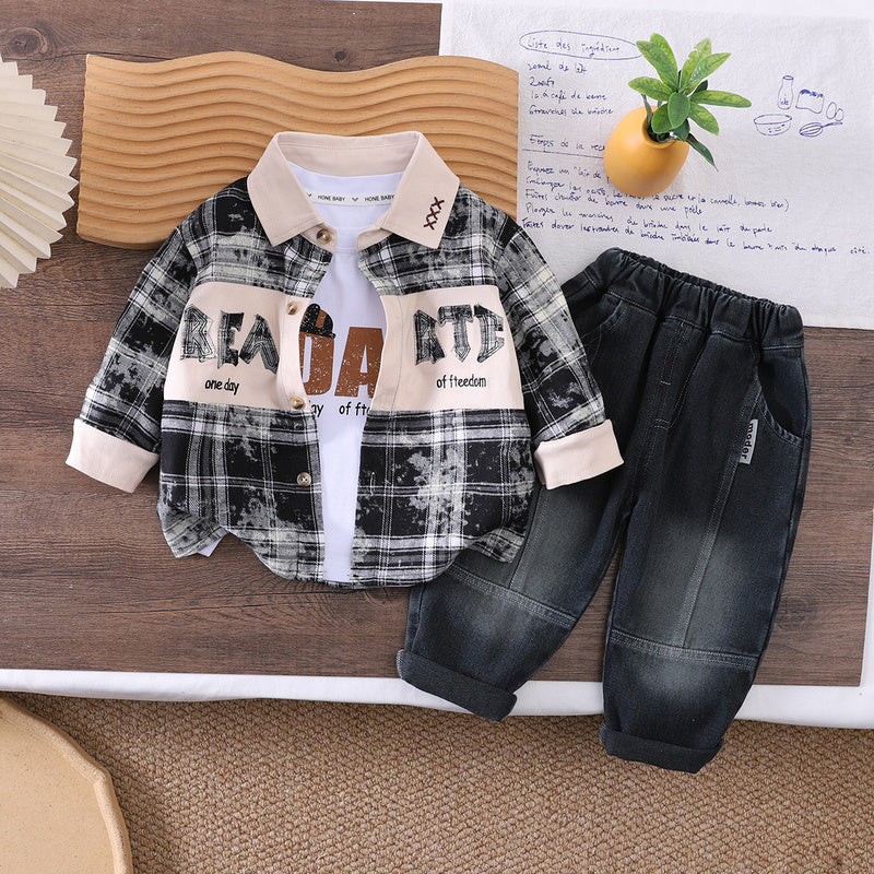 Boys' Spring and Autumn Letter Color-Block Shirt New Style Children's Long-Sleeve Baby Outfit Fashionable Three-Piece Set Trendy