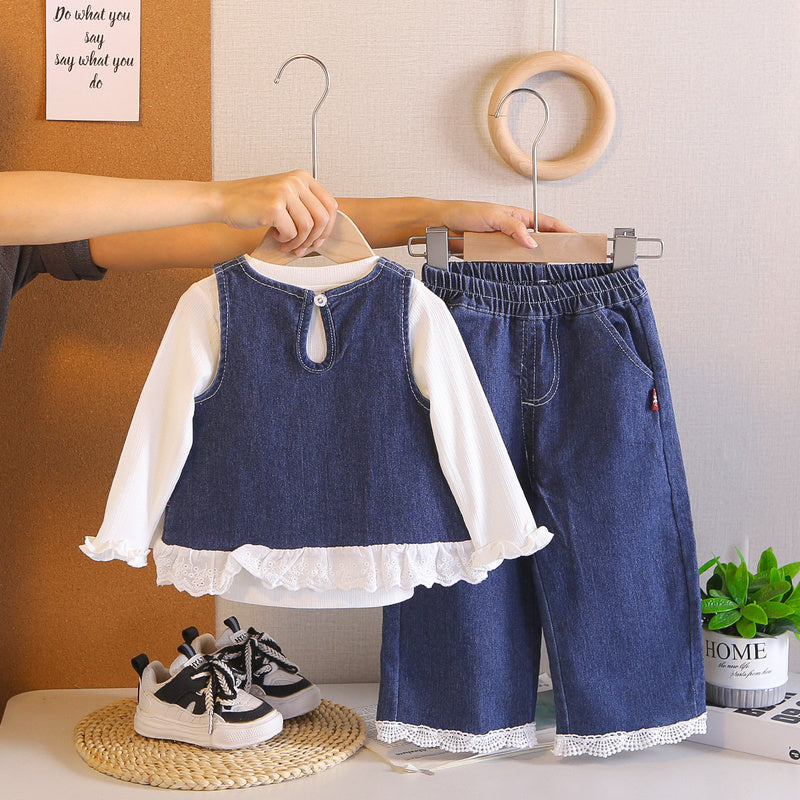 Girls' 2026 New Style Children's Baby Girl Cartoon Embroidered Denim Three-Piece Set Stylish Spring and Autumn Outfit for Little Girls