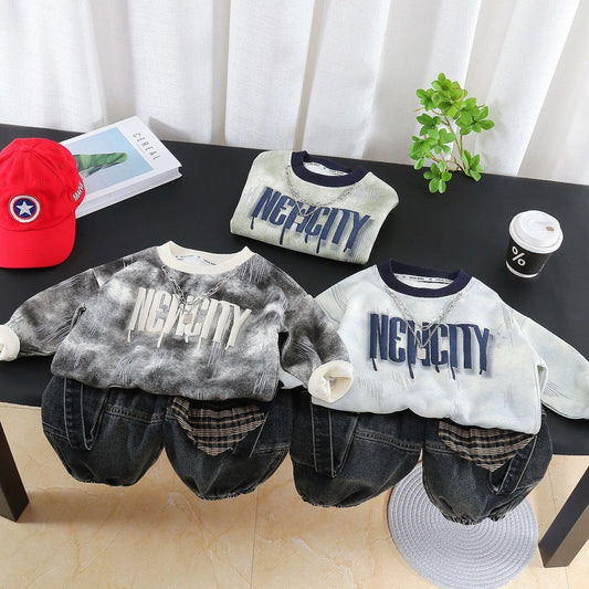 Boys' Outfit New 2026 Baby Tie-Dye Letter Sweatshirt Two-Piece Set Long Sleeve Spring and Autumn Fashion
