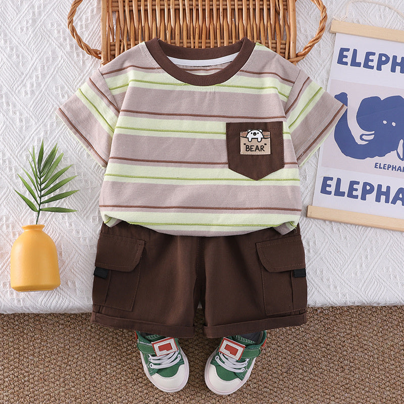 Children's clothing boys' outfit 2026 new style children's summer pocket striped short-sleeve two-piece set baby clothes