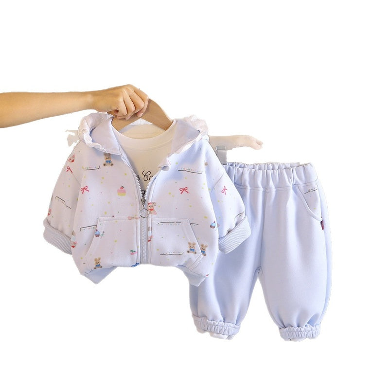 Girls' outfit with all-over bunny print jacket, stylish children's spring and wear, Korean-style casual three-piece set for baby girls in autumn