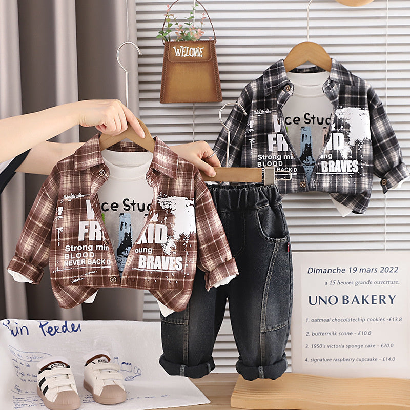 Baby Autumn Outfit 2026 New Style Boys' Spring-Autumn Plaid Shirt Three-Piece Set for 1-3 Years Old, Stylish and Trendy Children's Fashion