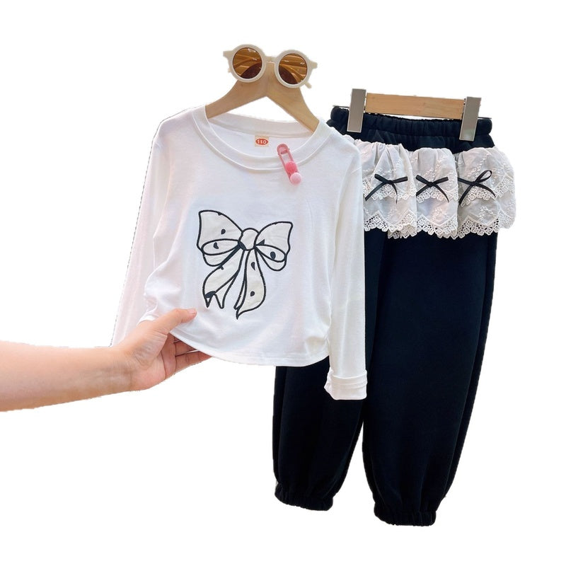 Girls' 2025 Autumn New Children's Clothing Set: Bowknot Long Sleeve Top and Lace Patchwork Sweatpants Two-Piece Set