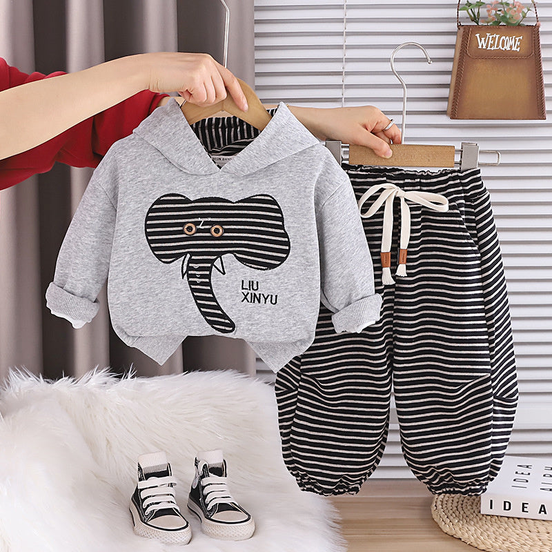 Boys' Spring and Autumn Outfit 2026 New Fashionable 3-Piece Set Children, Long-Sleeve Elephant Hoodie Two-Piece Set, Baby Clothes for 1-Year-Old Boys