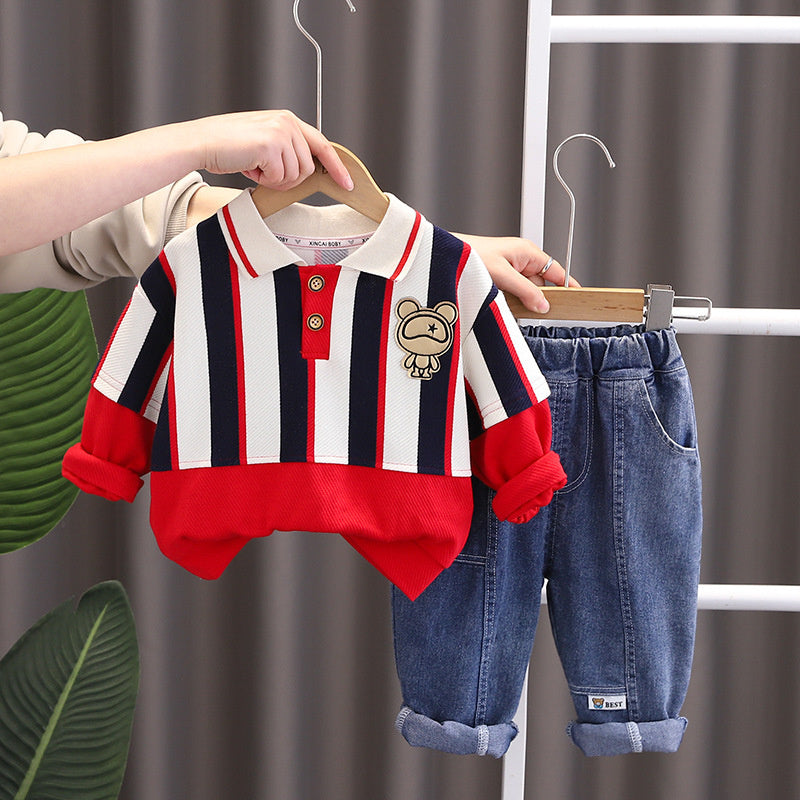 Boys' Spring Outfit 2025 New Stylish Toddler Boys and Girls Baby Striped Long Pants Two-Piece Set Wholesale