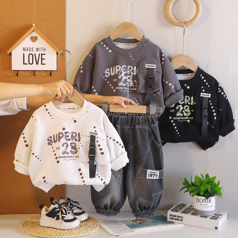 Boys' Outfit Baby 2026 New Fashionable Infant Spring and Autumn Letter Pocket Sweatshirt Two-Piece Set Trendy