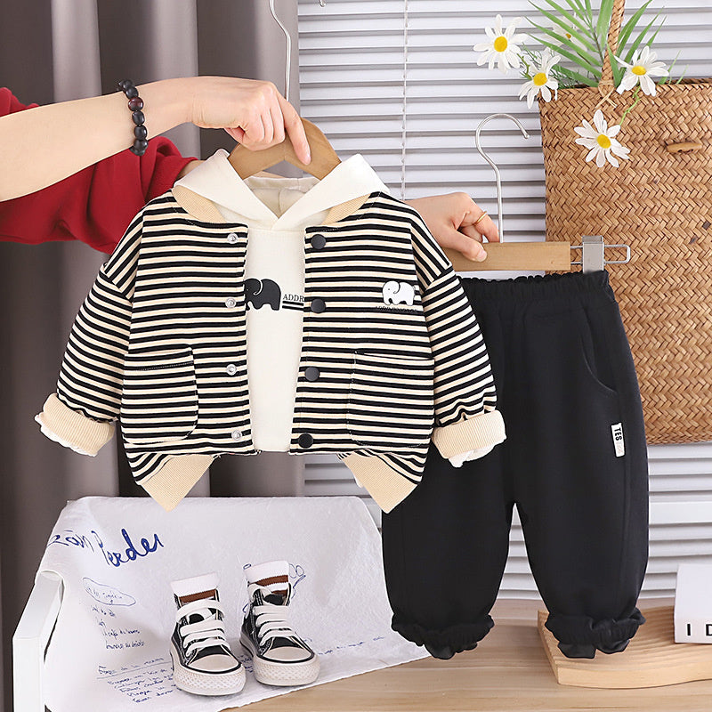 Boys' Outfit 2026 New Children's Spring and Autumn Baby Stylish Elephant Striped Cardigan Three-Piece Set Trendy