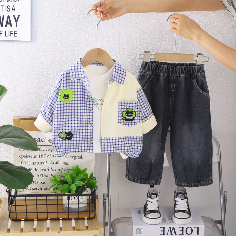 Children's Autumn Outfit Set: Boys' Plaid Patchwork Three-Piece Set, Stylish Long-Sleeve Shirt for Little Kids