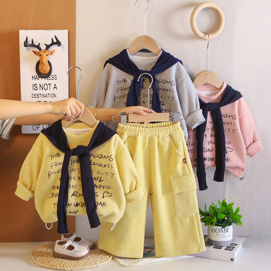 Girls' Outfit 2026 New Fashionable Letter Print Shawl Two-Piece Set Girls, Trendy Spring and Autumn Clothes for Babies
