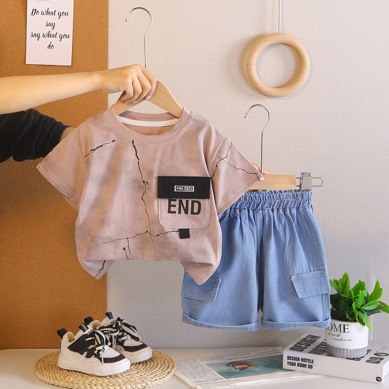 Boys' Summer Outfit 2026 New Stylish and Cool Baby Children's Pocket Short-Sleeve Two-Piece Fashionable Clothes