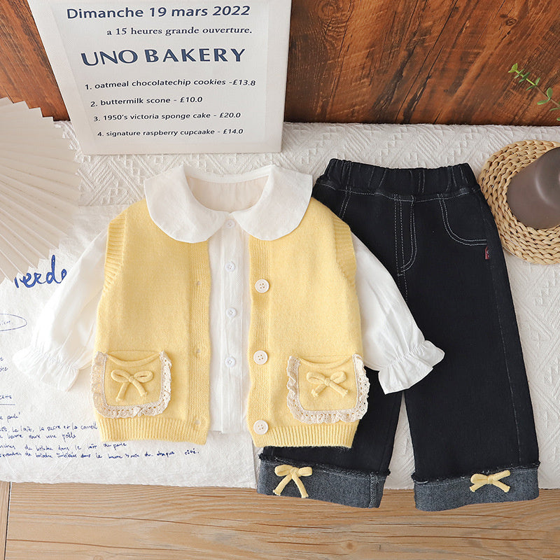 Girls' Outfit New Fashionable Trendy Baby Girl Pocket Cardigan Sweater Three-Piece Set Korean Style Spring and Autumn Fashion