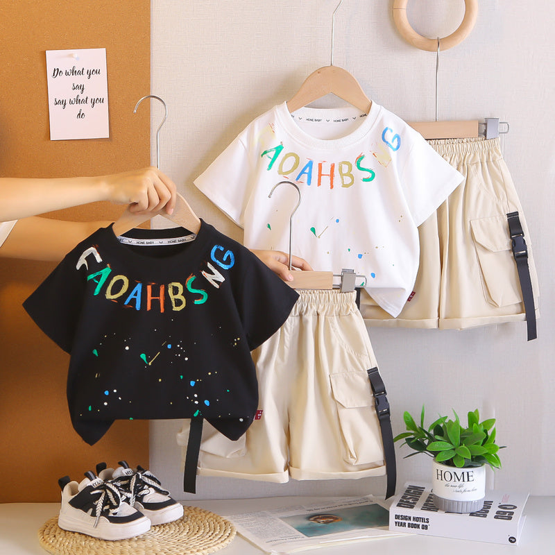Boys' Outfit 2026 New Style Toddler Letter Print Polka Dot Short Sleeve Children's Clothing Baby Summer Two-Piece Set
