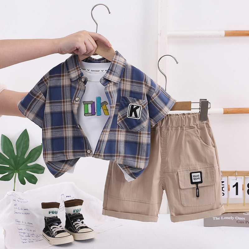 Boys' Outfit 2026 New Cool and Stylish Sports Set for Young Children, Thin Plaid Short-Sleeve Shirt Three-Piece Summer Trend