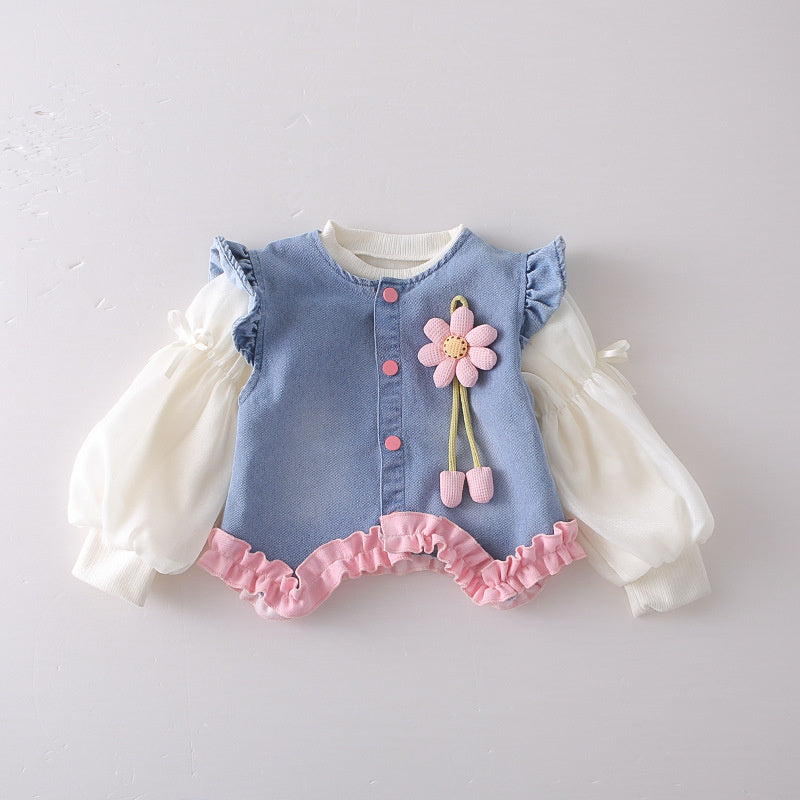 Girls' Outfit Spring and Autumn 2026 New Fashionable Children's Rose Flower Denim Three-Piece Set Trendy Wholesale