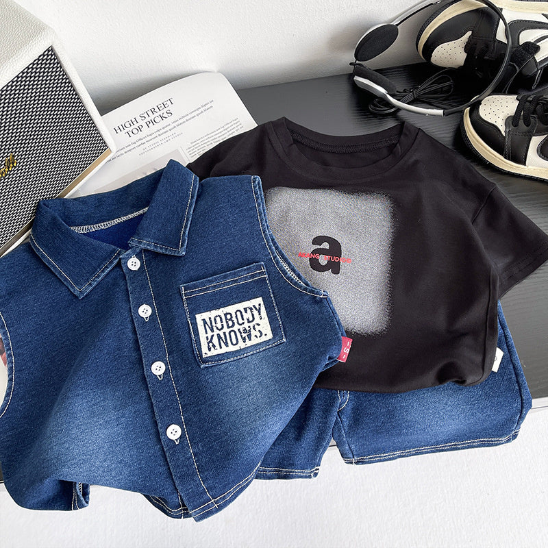 Boys' Outfit Baby Summer Set for 1-2-3-5 Year Old Boys, English Denim Vest Three-Piece Trendy Children's Clothing