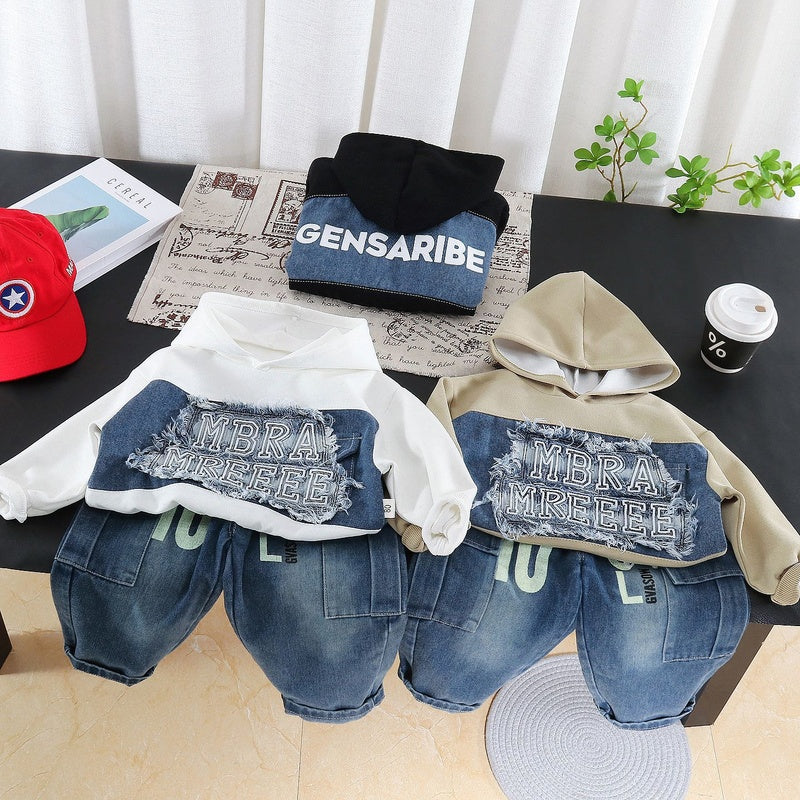 Boys' Outfit, Stylish New 2026 Embroidered Patch Sweatshirt Two-Piece Set, Cool Long-Sleeve Spring and Autumn Fashion