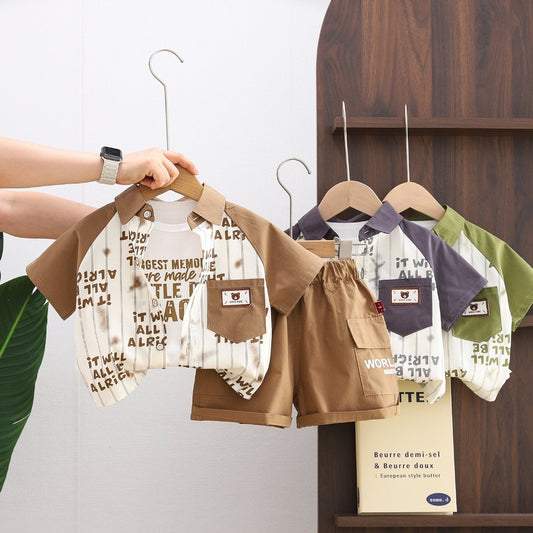 Baby boy letter print striped shirt three-piece 2026 new style infant summer short-sleeve set