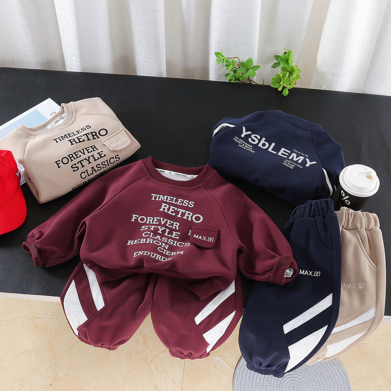 Boys' Spring Outfit Set 2026 New Spring-Autumn Baby Two-Piece Trendy Clothing with Irregular Letter Print on the Chest