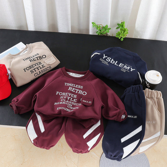 Boys' Spring Outfit Set 2026 New Spring-Autumn Baby Two-Piece Trendy Clothing with Irregular Letter Print on the Chest