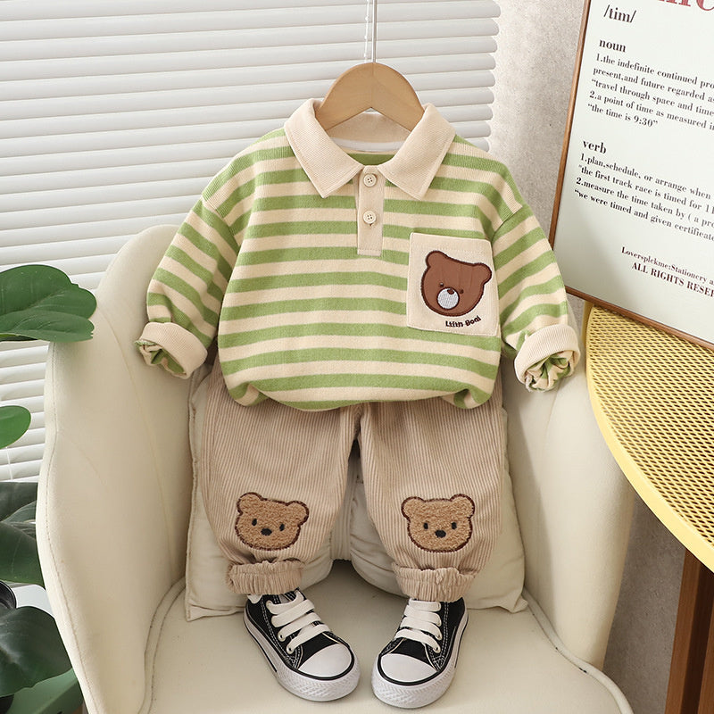 Boys' Suit Spring and Style Autumn Outfit Children's Sportswear Fashionable Stylish Baby Boy Turn-down Collar Bear Clothes Two-piece Set