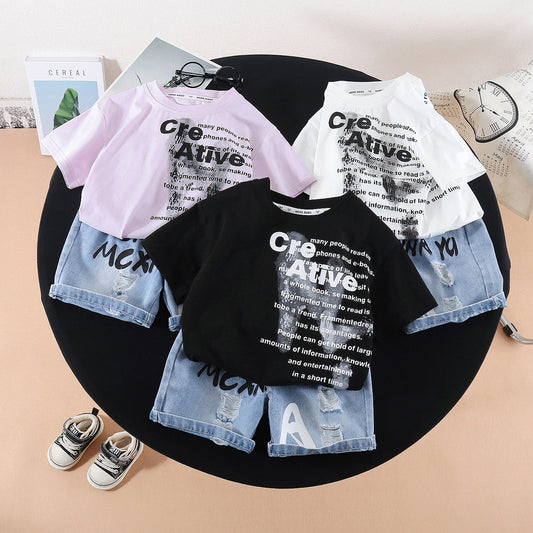 2026 Summer New Fashionable Letter Print Short Sleeve Shorts Two-Piece Set for Boys 1-3 and 4 Years Old