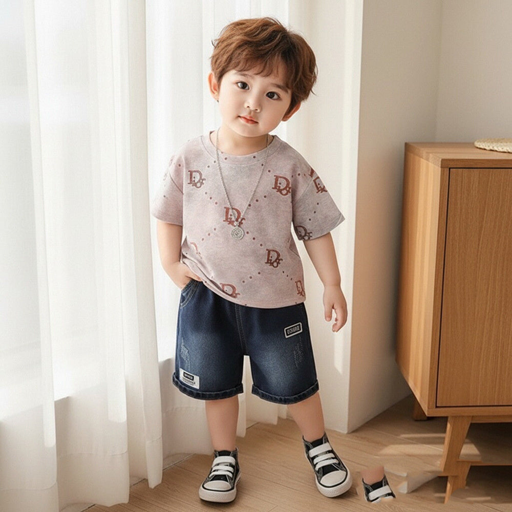 Boys' Outfit 2026 New Fashionable Toddler Summer Outfit, Round Neck Letter Print Short Sleeve Thin Clothing for Little Boys