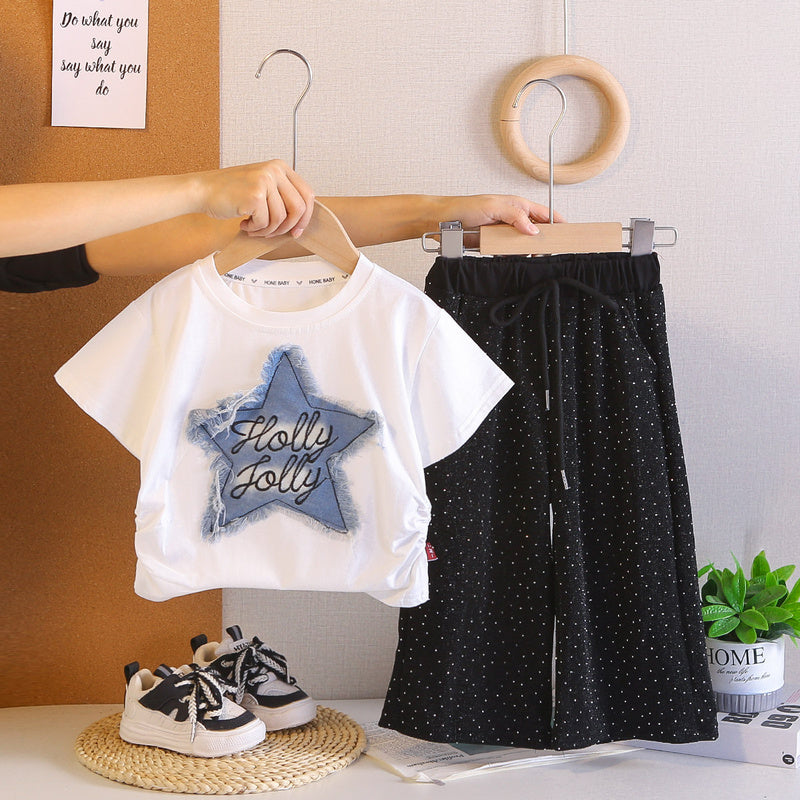 Children's Summer Stylish Outfit 2026 New Girls' Casual Rhinestone Star Short Sleeve Long Pants Two-Piece Set