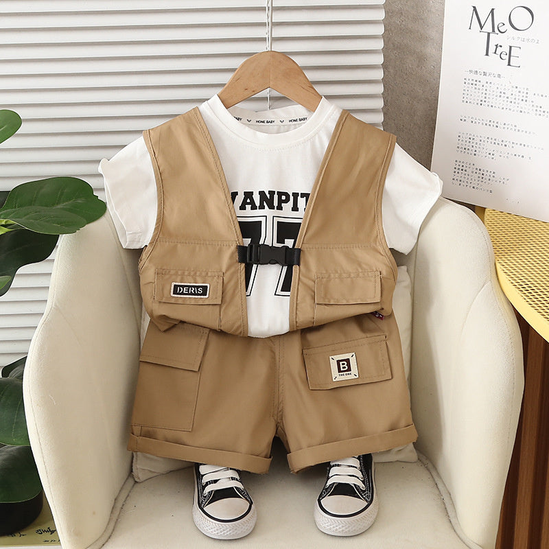 Boys' Outfit Set 2026 New Style Young Children, Short-Sleeve Vest Three-Piece Set, Stylish and Cool for Babies in Summer
