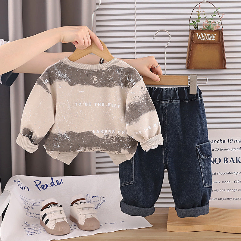 Boys' Spring and Autumn Outfit 2026 New Fashionable Tie-Dye Large Pocket Sweatshirt Korean Style Casual Two-Piece Set