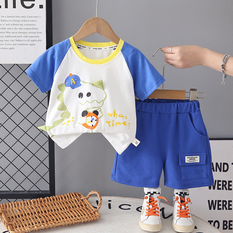 Boys' Summer Outfit 2026 New Fashionable Korean Style Round Neck Dinosaur Short Sleeve Thin Two-Piece Set for Toddlers