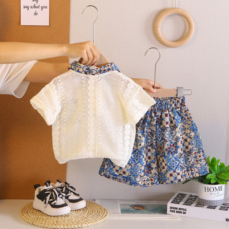 Boys' and girls' outfit 2026 new children's clothing summer thin baby floral pocket short-sleeve two-piece trendy set