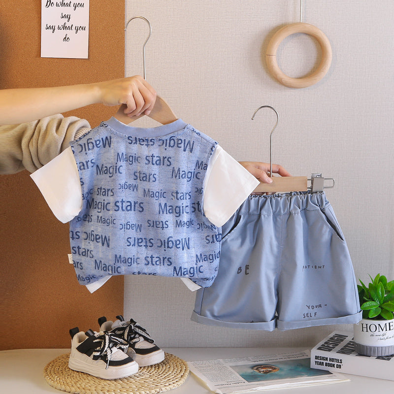 Boys' Outfit Children's Letter Print Short Sleeve Three-Piece Set 2026 New Style for Little Boys 1-3 Years Old Baby Summer Clothes