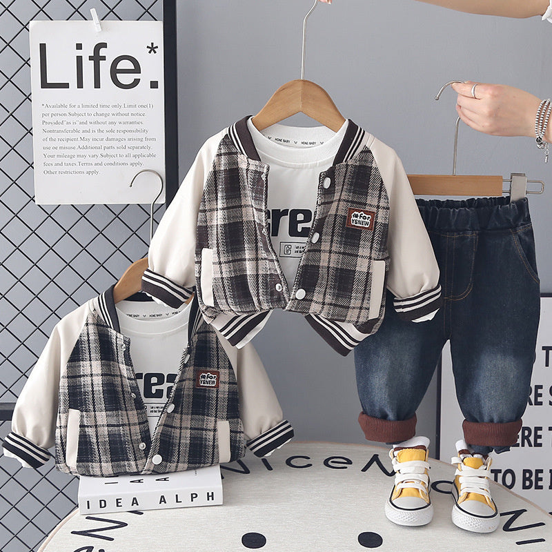 Boys' Spring Outfit Set, Stylish and Trendy 2026 New Clothes, Baby Boy Plaid Jacket Three-Piece Set