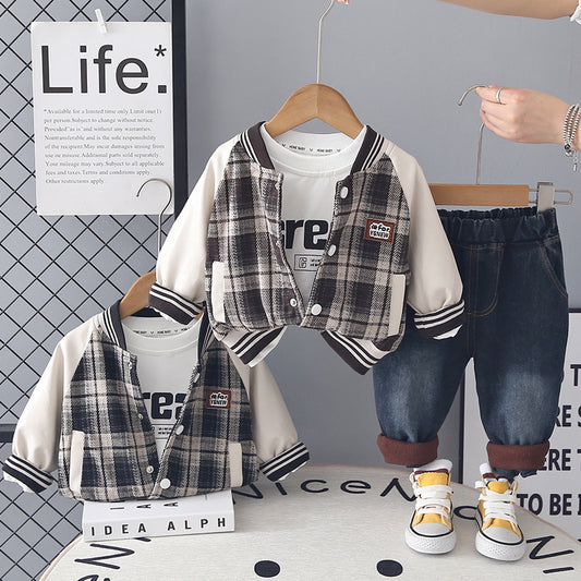 Boys' Spring Outfit Set, Stylish and Trendy 2026 New Clothes, Baby Boy Plaid Jacket Three-Piece Set