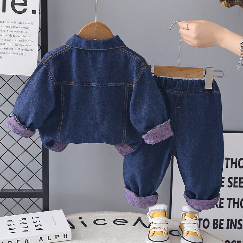 Girls' and Autumn Baby Outfit 2026 New Style Children's Square Pocket Denim Three-Piece Set Fashionable Spring Clothes Wholesale