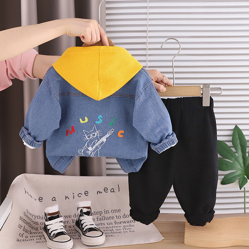 Boys' Outfit 2026 New Korean Style Fashionable Baby Spring and Autumn Long Sleeve Cat Denim Three-Piece Set