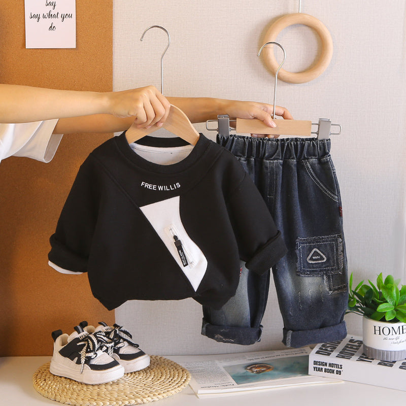 Boys' Spring and Autumn Zipper Pocket Long Sleeve Sweatshirt Two-Piece Set Baby Clothes 1-5 Years Old New Infant Casual Outfit 2