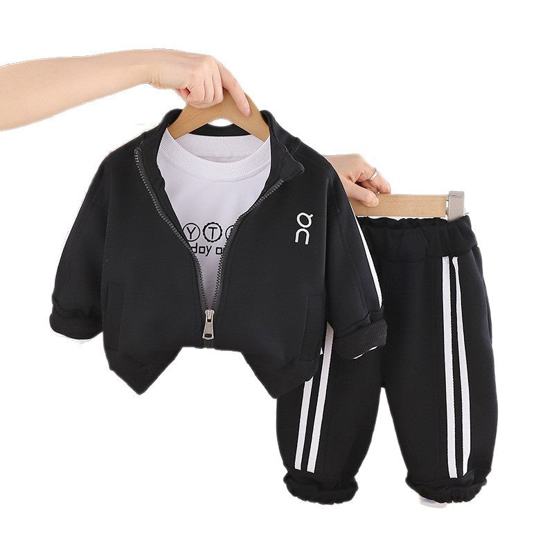 Boys' Summer Spring Outfit New 2026 Baby Clothing Stylish Solid Color Zipper Jacket Three-Piece Set Trendy Wholesale
