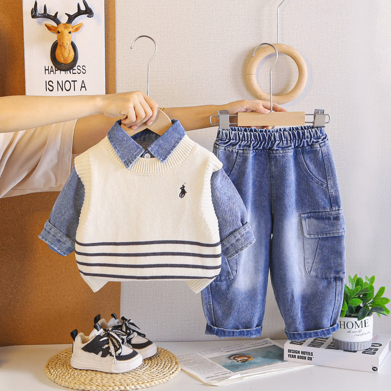 Boys' Autumn Outfit Set Spring/Autumn 2026 New Fashionable Embroidered Sweater and Pants for 1-2 Year Old Baby Boys